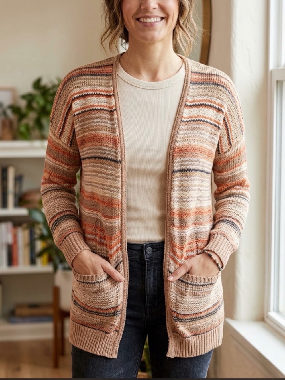 Billabong Peach Multi Striped Open-Front Cardigan